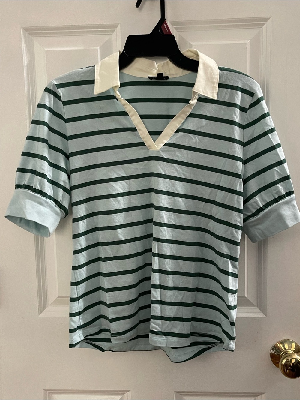 Talbots Light Blue & Dark Green Striped Polo with Cream Collar